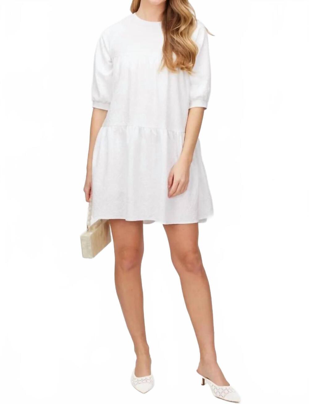NEW BEFORE YOU floral jacquard puff sleeve tiered mini dress in white